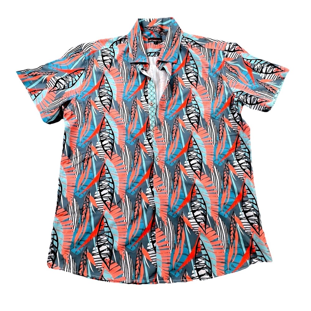 DECKMASTER Men's L Stretch Tropical Leaf Print Button Up Shirt‎ Short Sleeve
